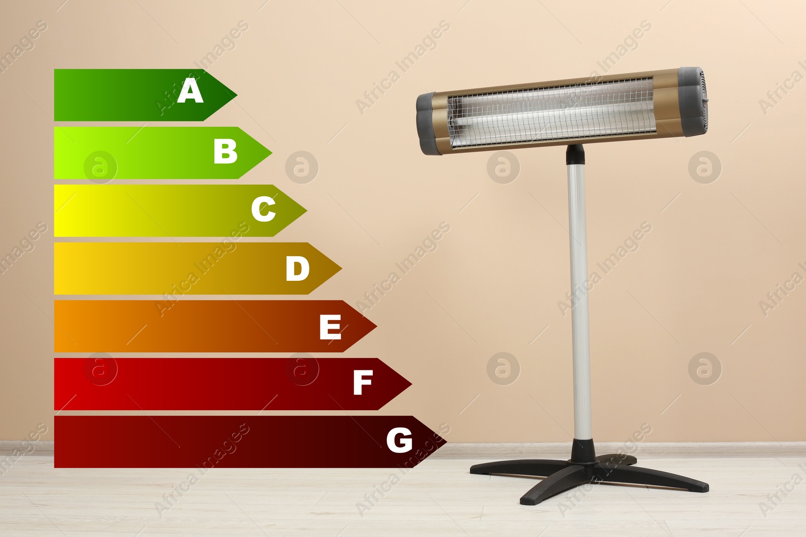 Image of Energy efficiency rating label and electric infrared heater indoors