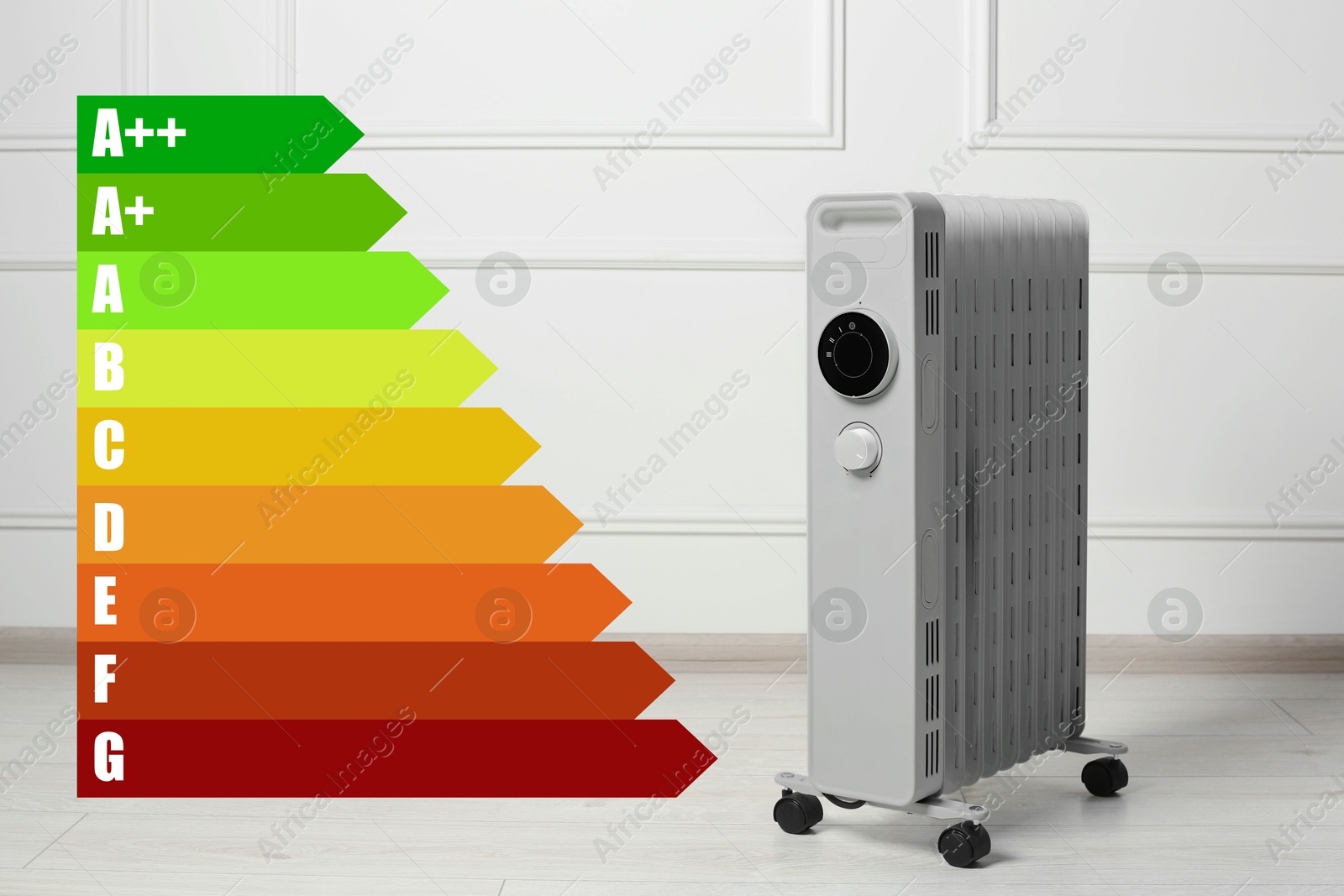 Image of Energy efficiency rating label and portable electric heater indoors