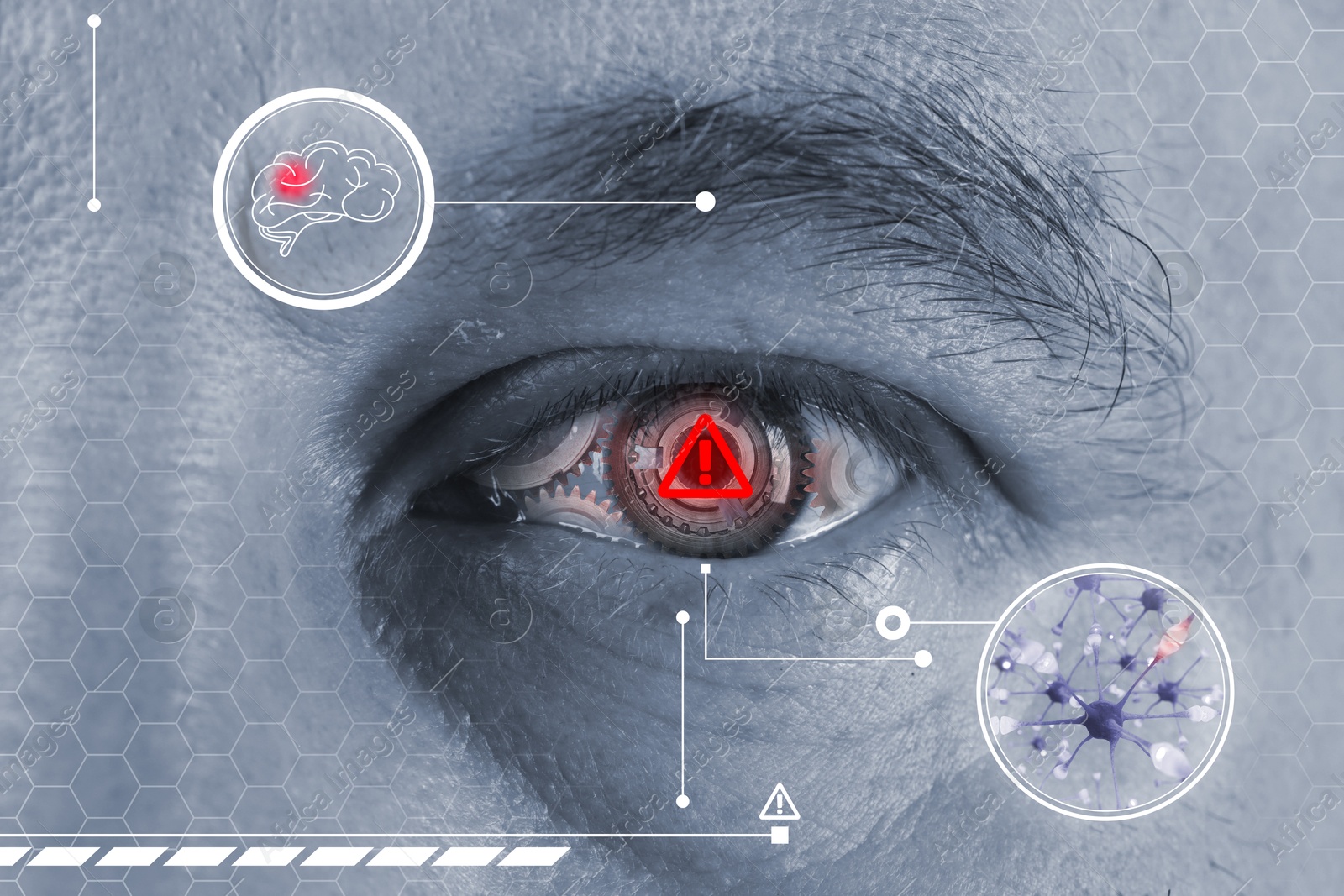 Image of Amnesia. Man's eye with warning sign and cogwheels, closeup. Illustrations of brain and neural network