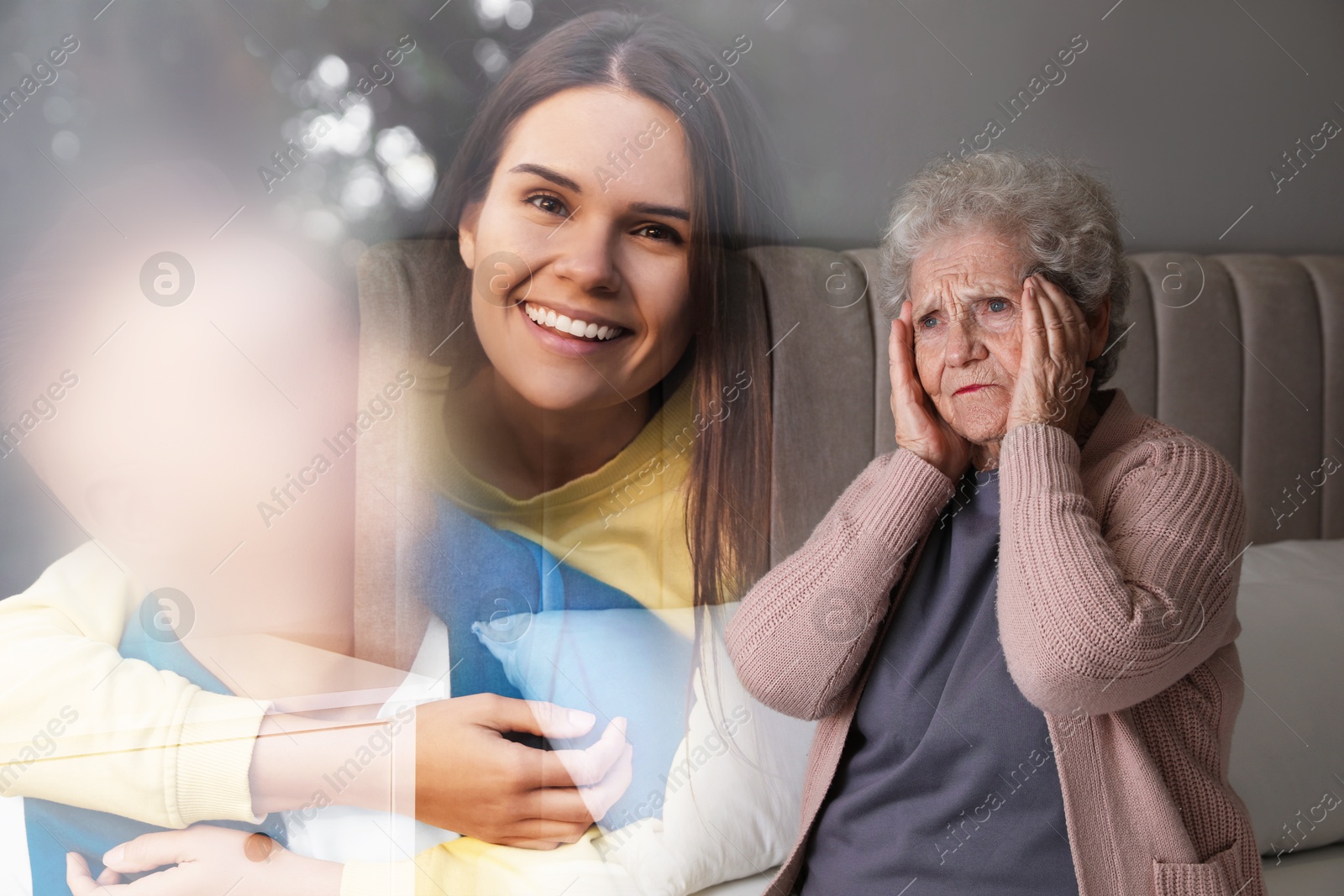 Image of Suffering from amnesia. Senior woman trying to remember couple. Man's face unrecognizably blurred