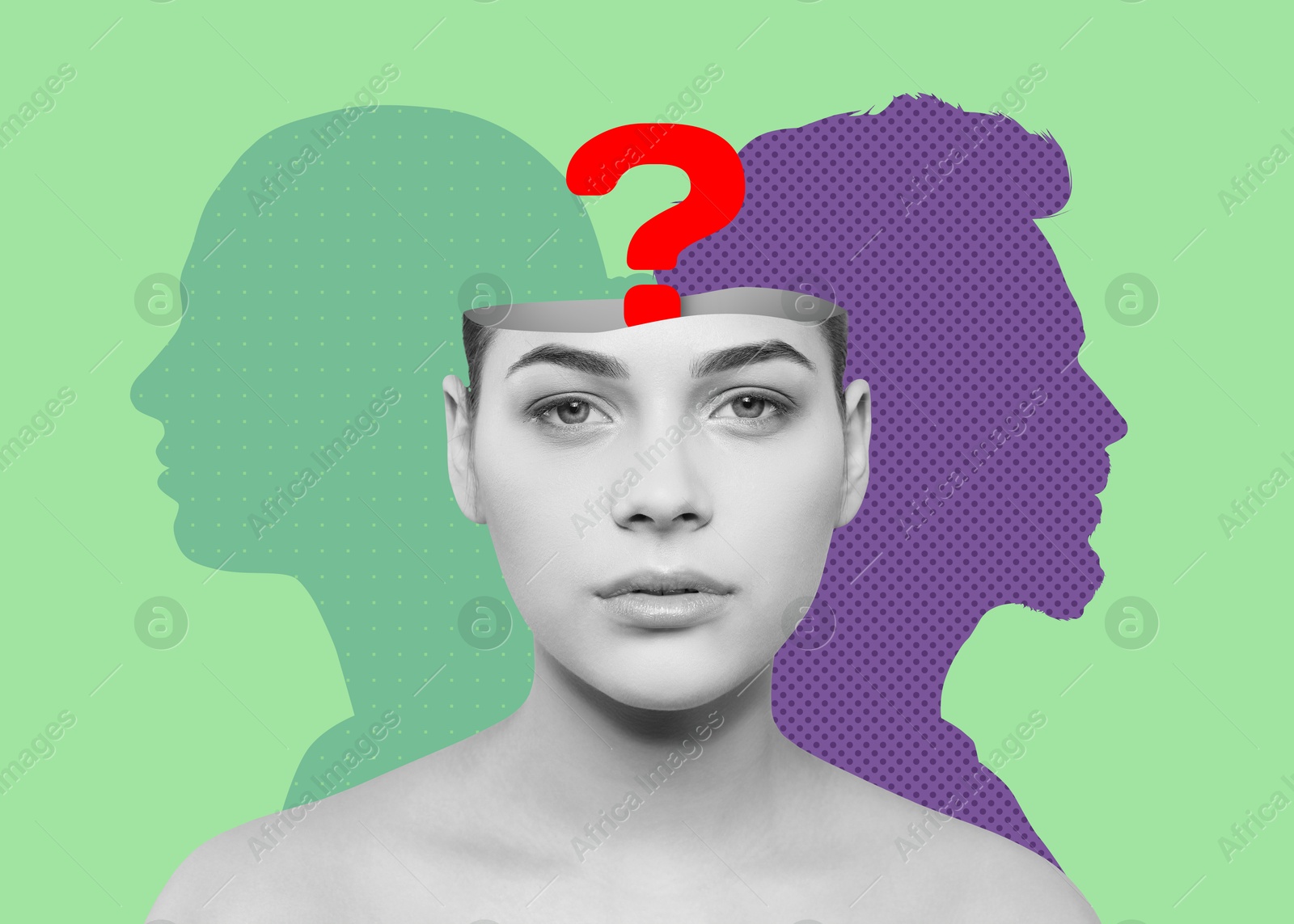 Image of Amnesia. Collage of woman with question mark in head and silhouettes of people on green background