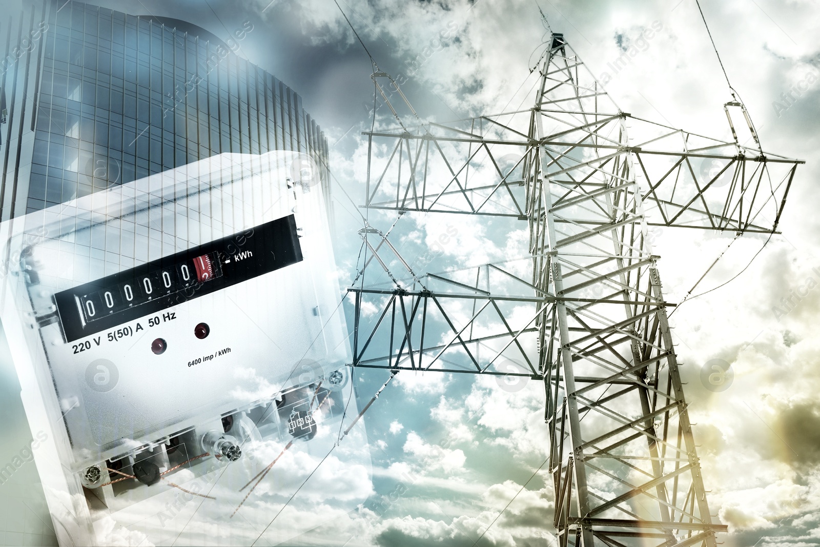 Image of Electricity meter, building and high voltage tower, multiple exposure