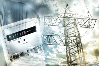 Electricity meter, building and high voltage tower, multiple exposure