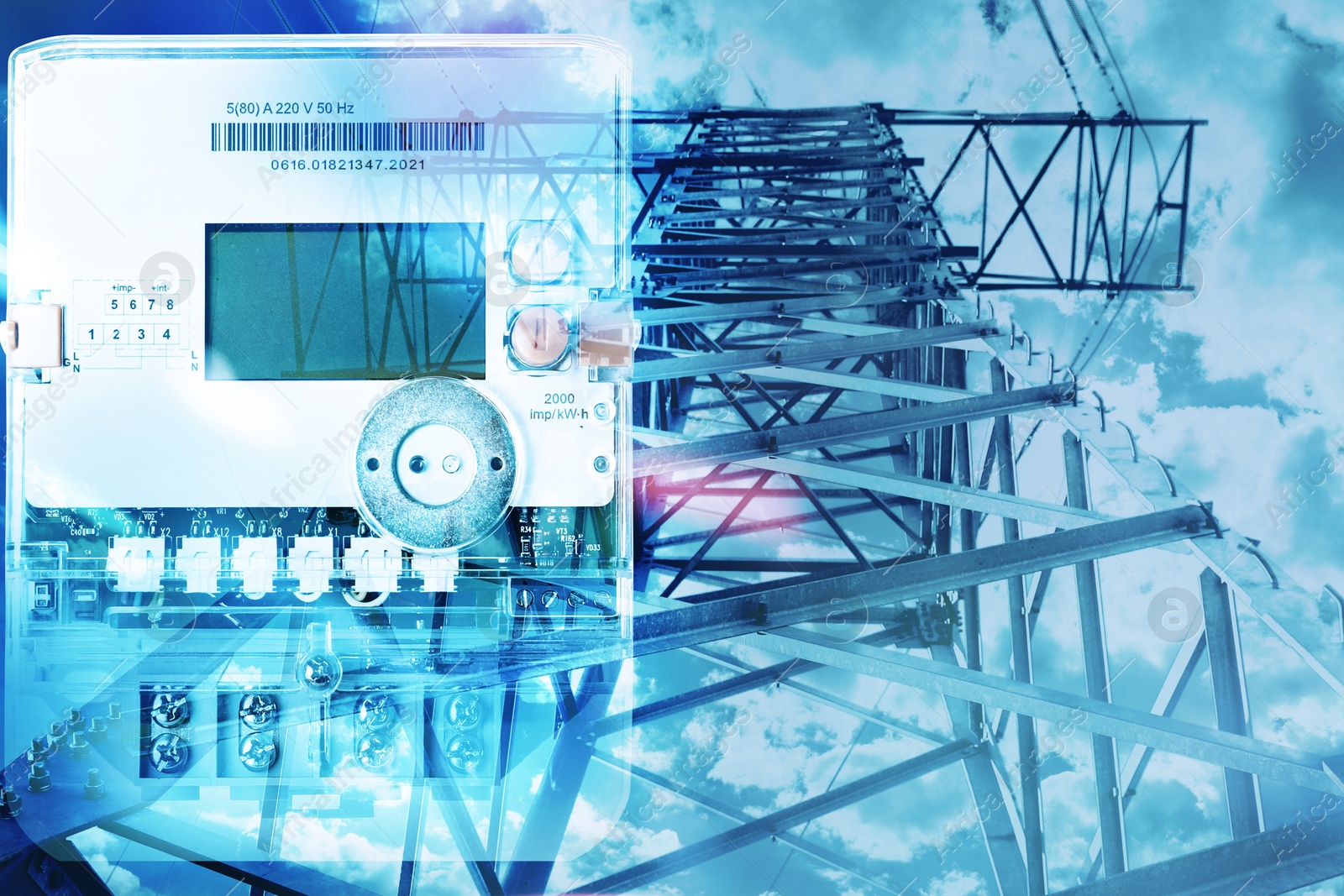 Image of Electricity meter and high voltage tower, double exposure