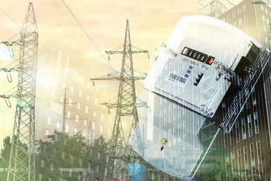 Image of Electricity meter, building and high voltage towers, multiple exposure