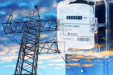 Image of Electricity meter and high voltage tower, double exposure