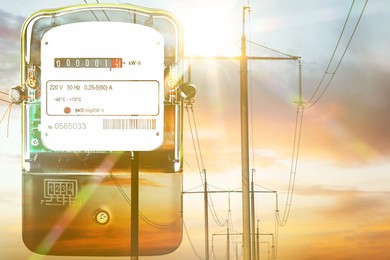 Image of Electricity meter and poles with cables, double exposure