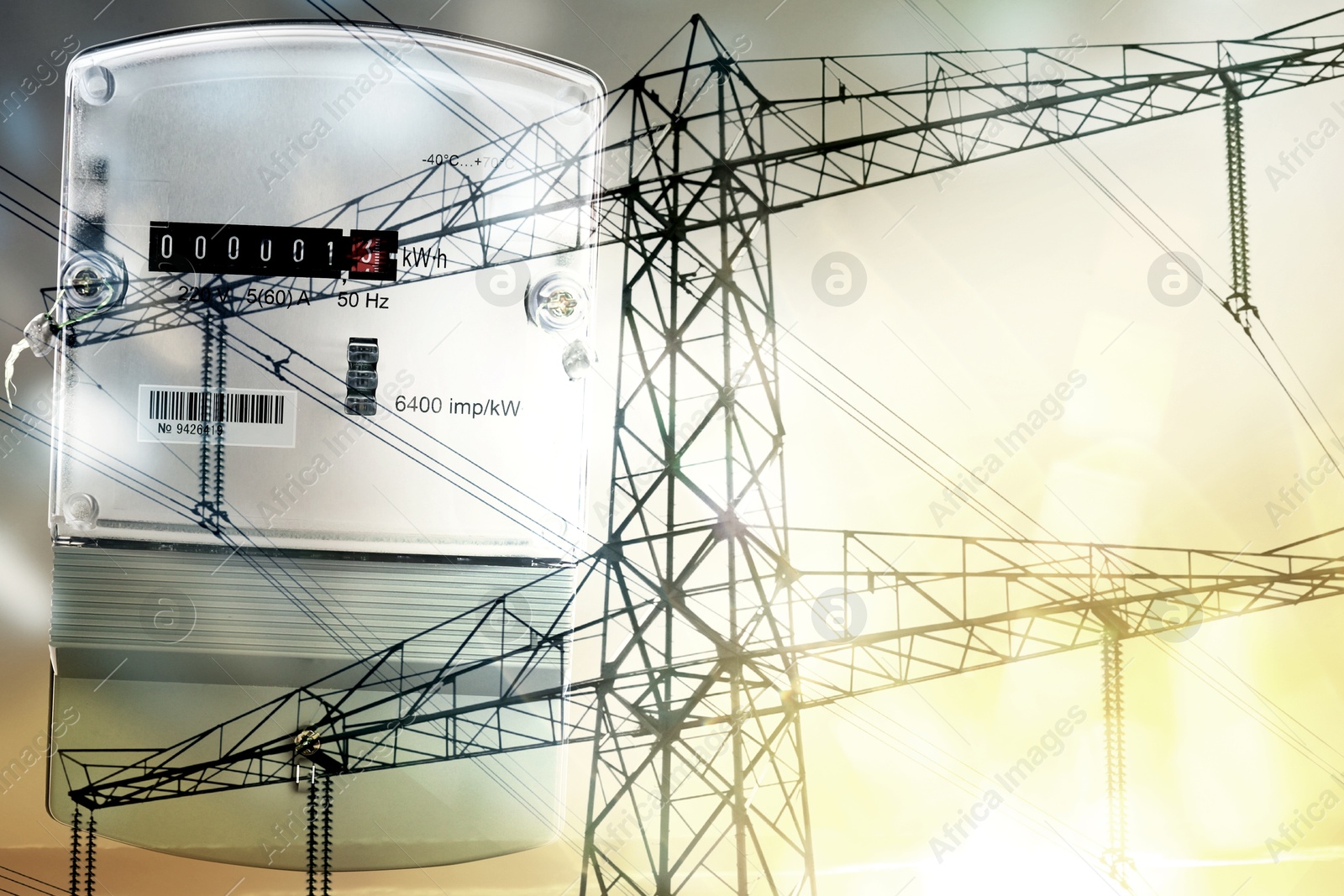 Image of Electricity meter and high voltage tower, double exposure