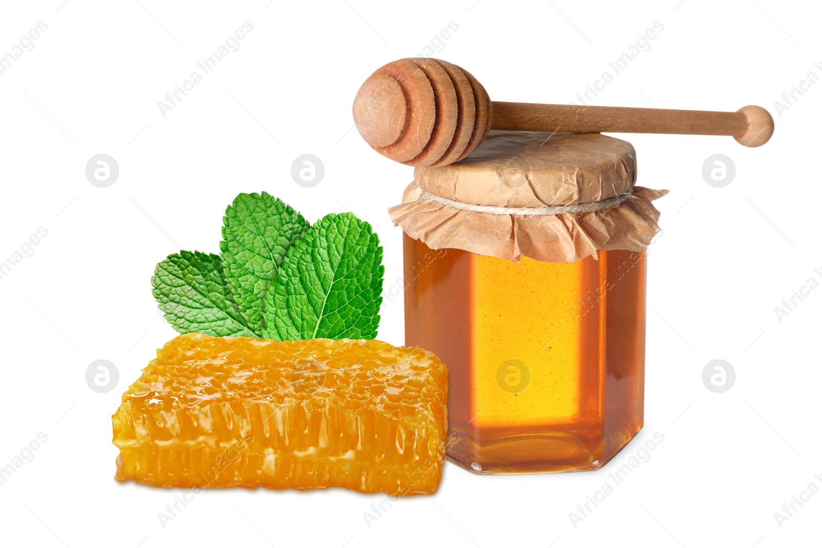 Image of Jar with honey, dipper and honeycomb isolated on white