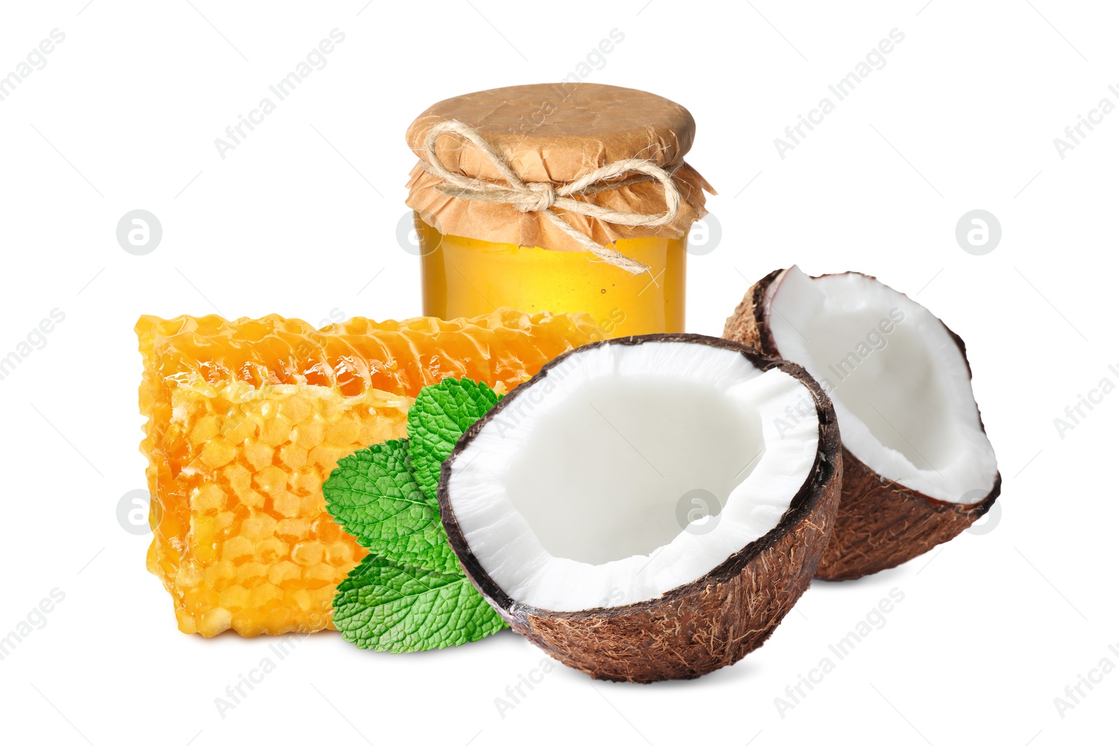 Image of Coconut, honeycomb and jar of honey isolated on white