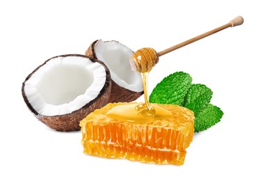 Image of Coconut, wooden dipper with honey and honeycomb isolated on white