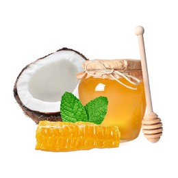 Image of Coconut, honeycomb and jar of honey and isolated on white