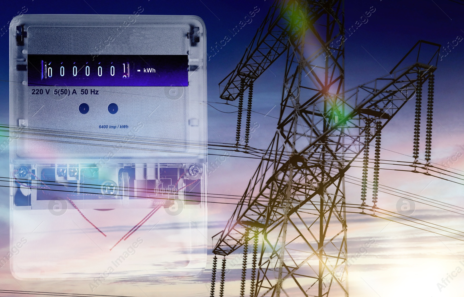 Image of Electricity meter and high voltage tower, double exposure