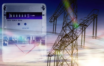 Image of Electricity meter and high voltage tower, double exposure