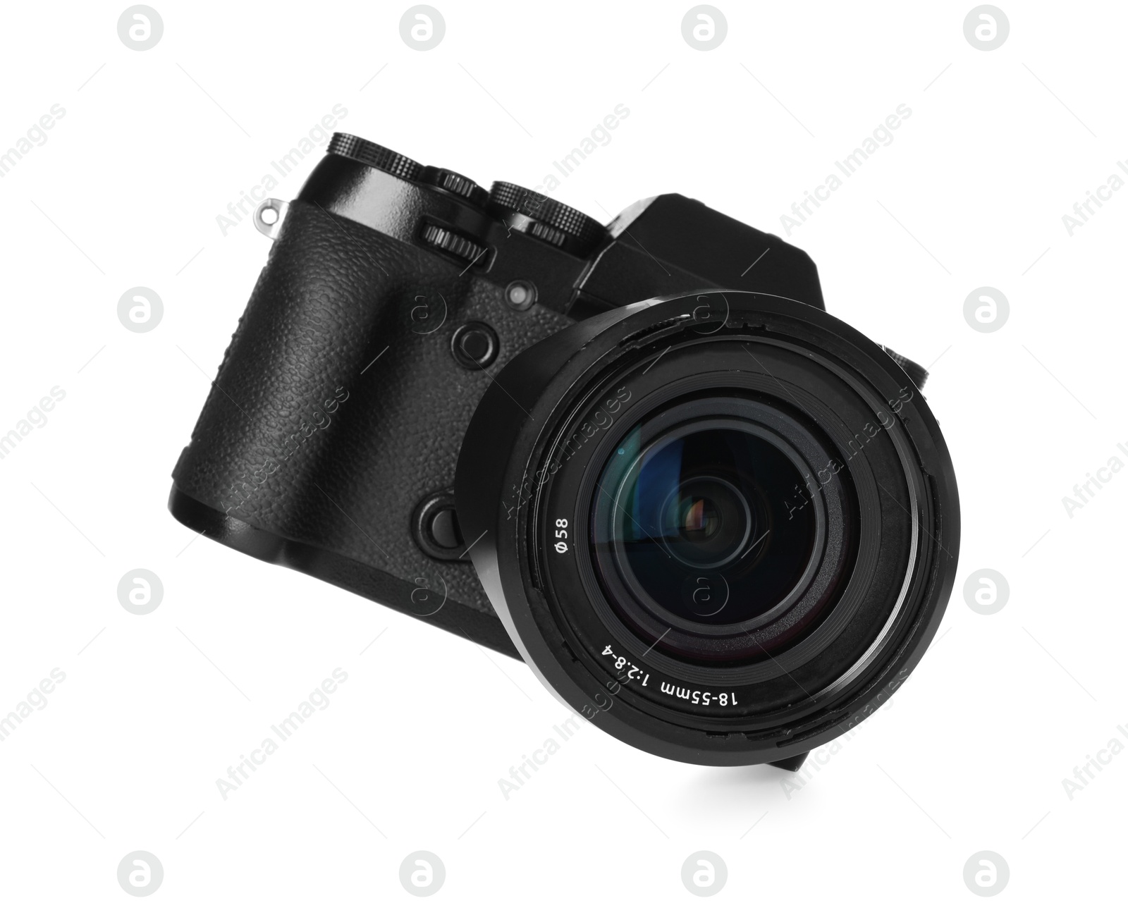 Photo of Modern digital camera isolated on white. Photography equipment