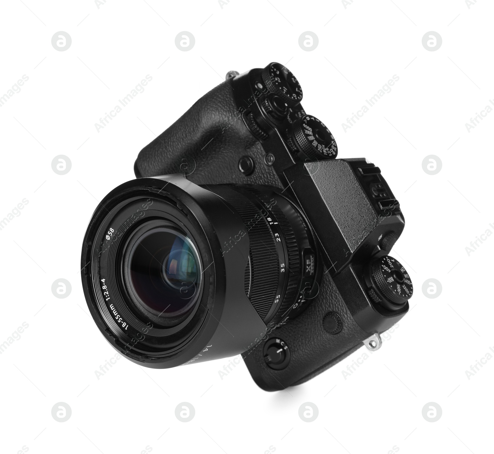 Photo of Modern digital camera isolated on white. Photography equipment