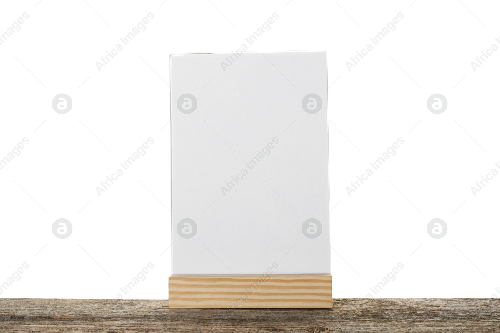 Photo of Menu holder on wooden table against white background. Mockup for design