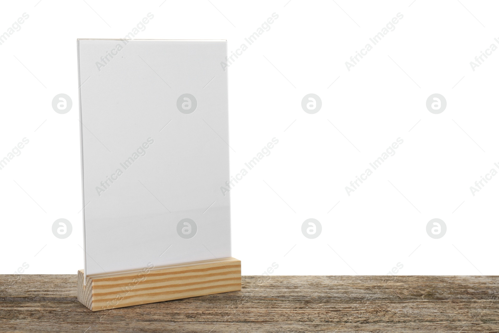 Photo of Menu holder on wooden table against white background. Space for text