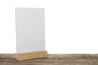 Photo of Menu holder on wooden table against white background. Space for text