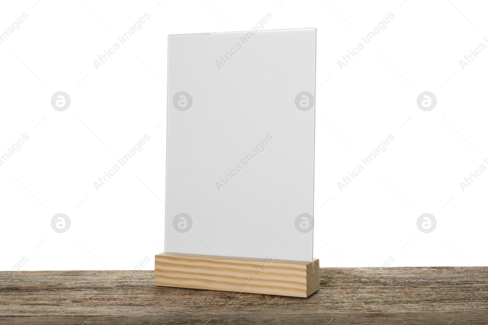 Photo of Menu holder on wooden table against white background. Mockup for design