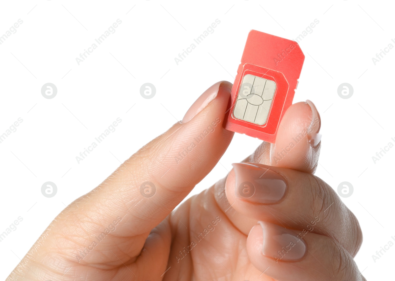 Photo of Woman with SIM card on white background, closeup