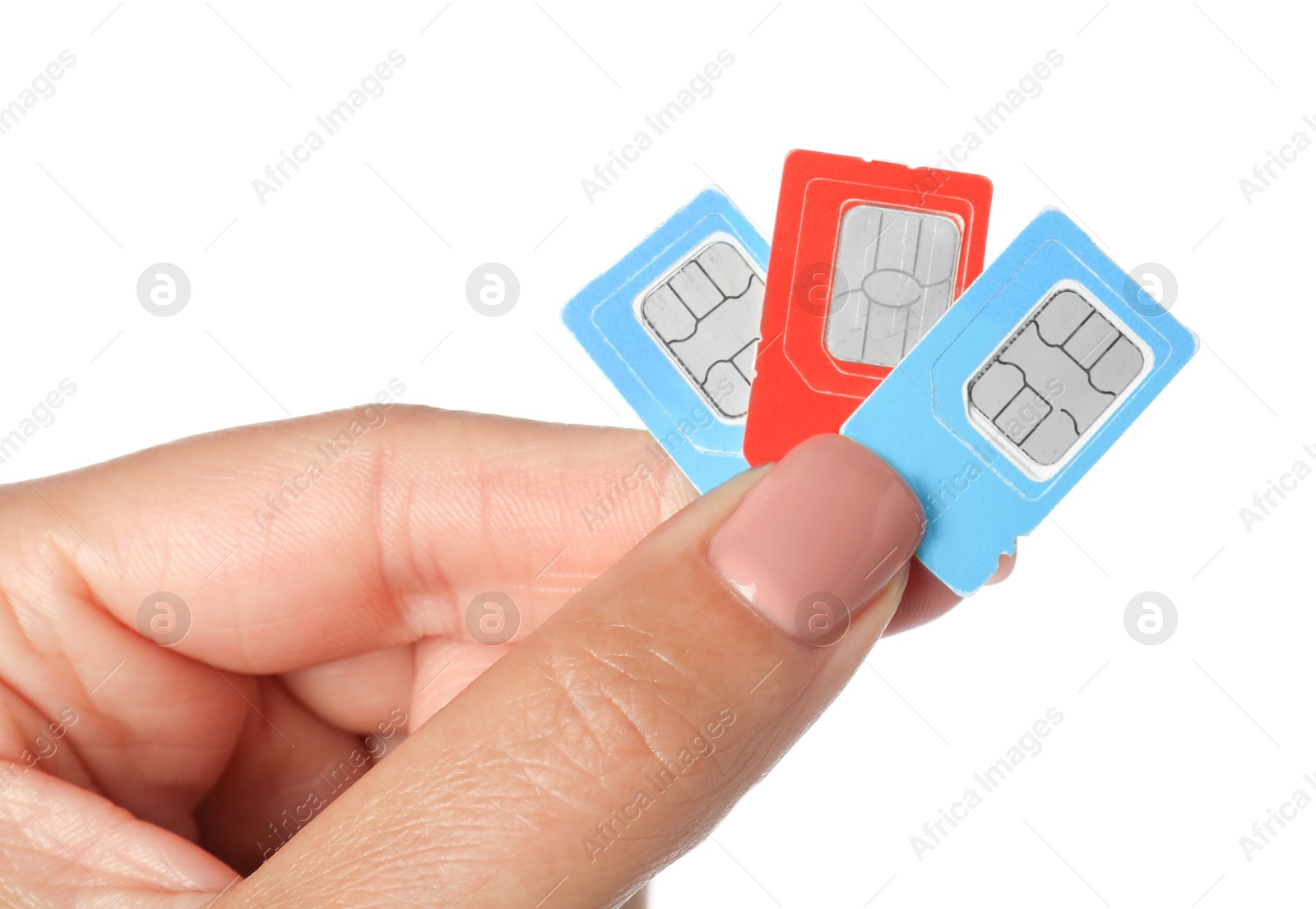 Photo of Woman with SIM cards on white background, closeup