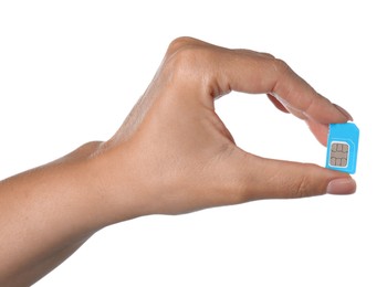 Photo of Woman with SIM card on white background, closeup