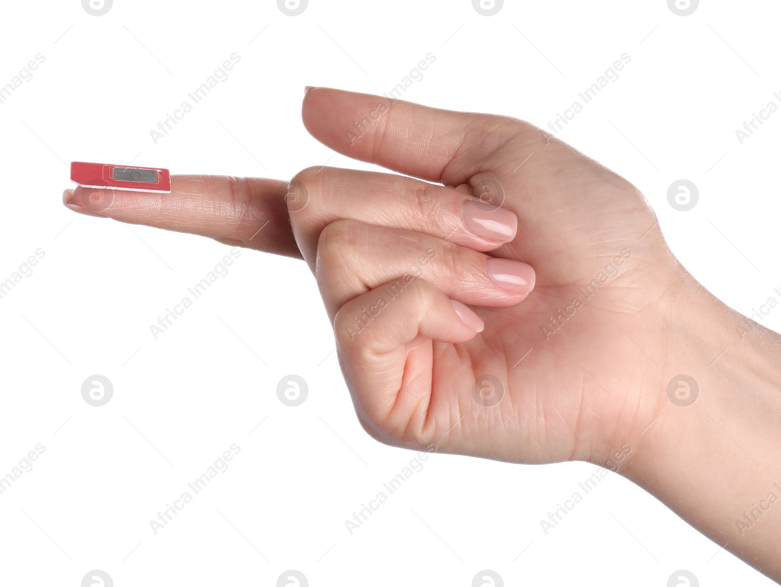 Photo of Woman with SIM card on white background, closeup