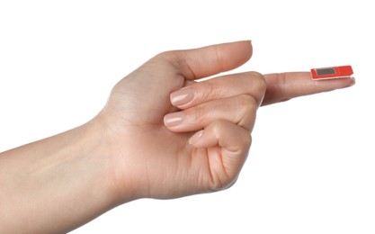 Photo of Woman with SIM card on white background, closeup