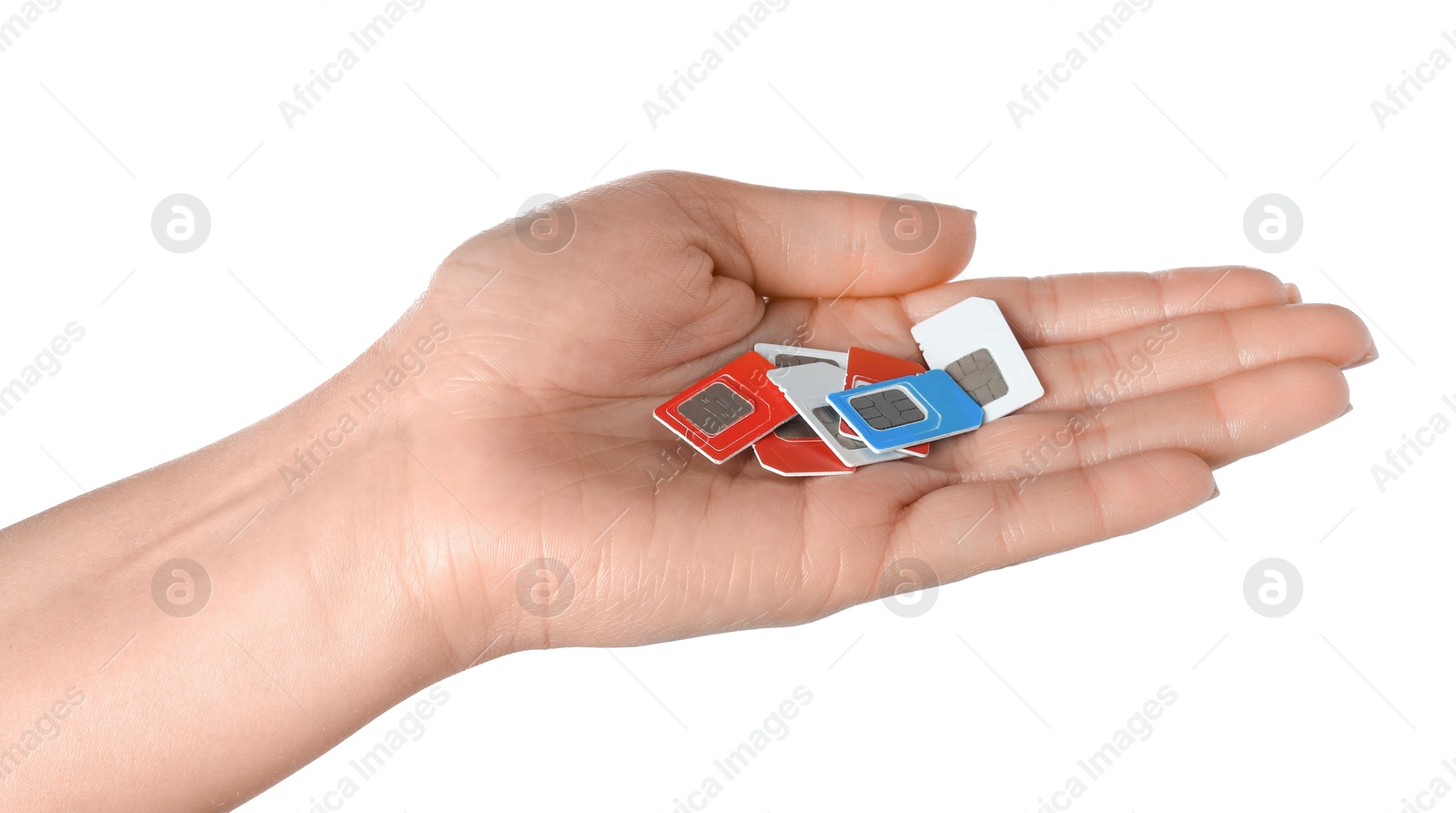 Photo of Woman with SIM cards on white background, closeup