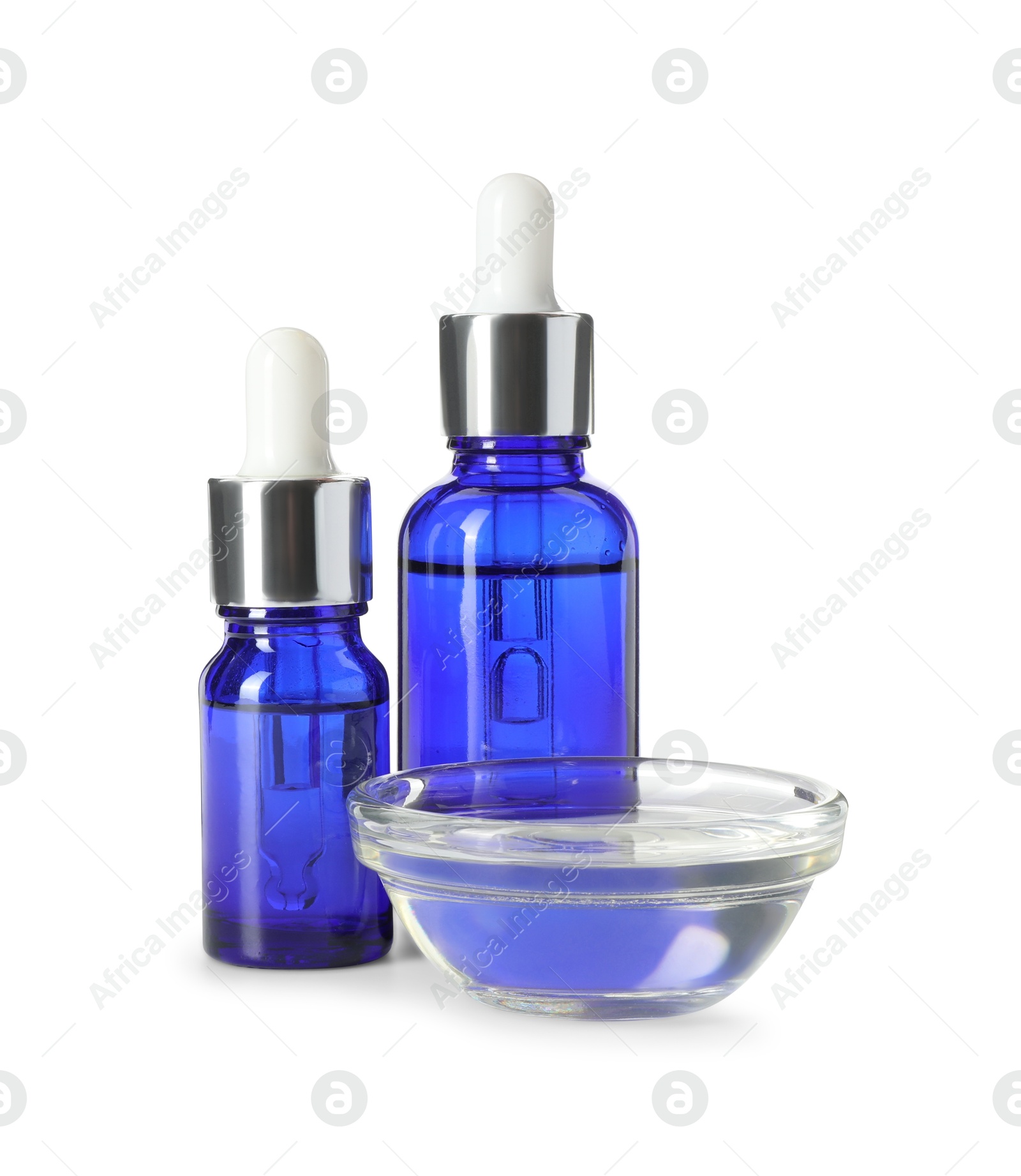 Photo of Bottles and bowl of chemical peel isolated on white. Peeling procedure