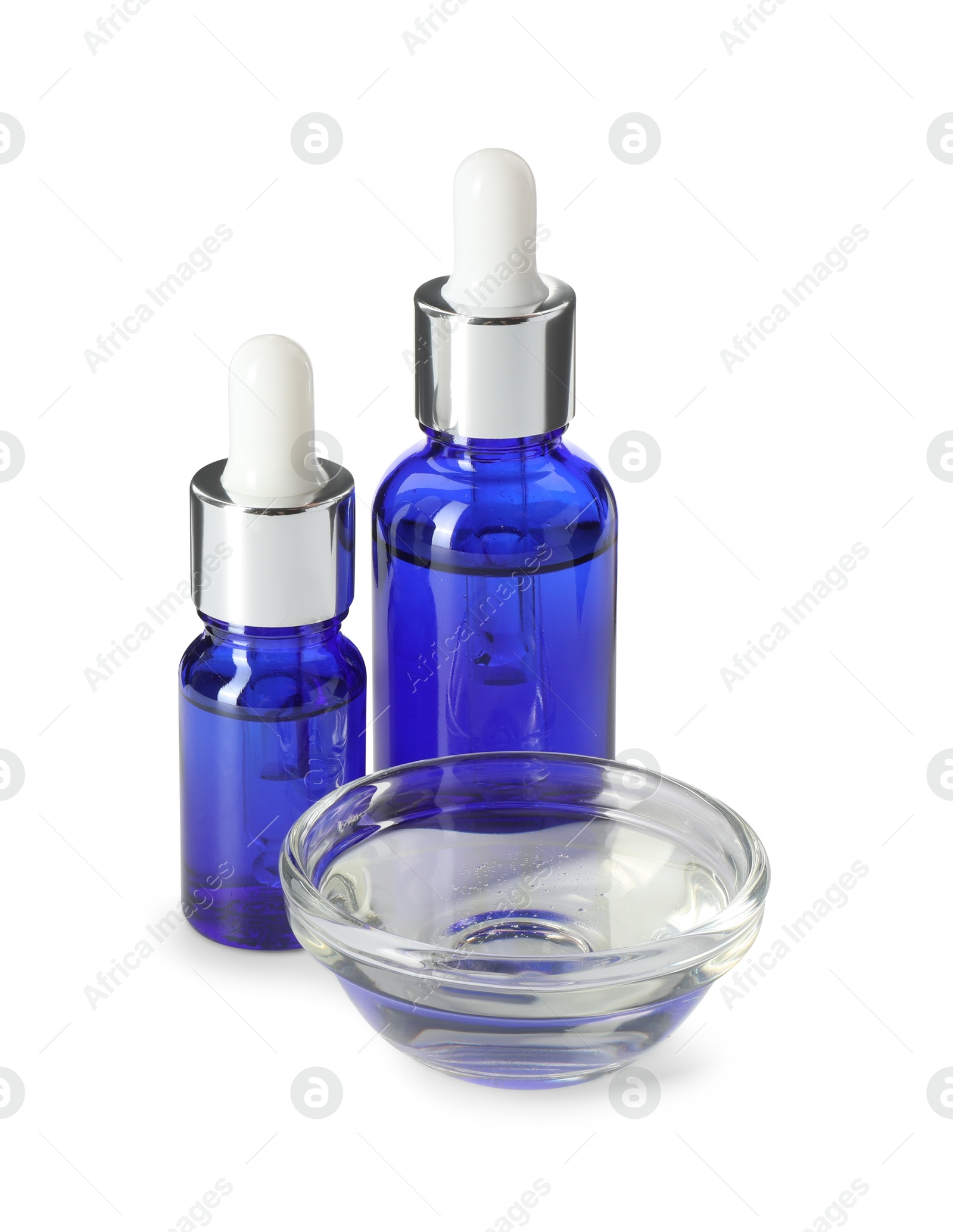 Photo of Bottles and bowl of chemical peel isolated on white. Peeling procedure