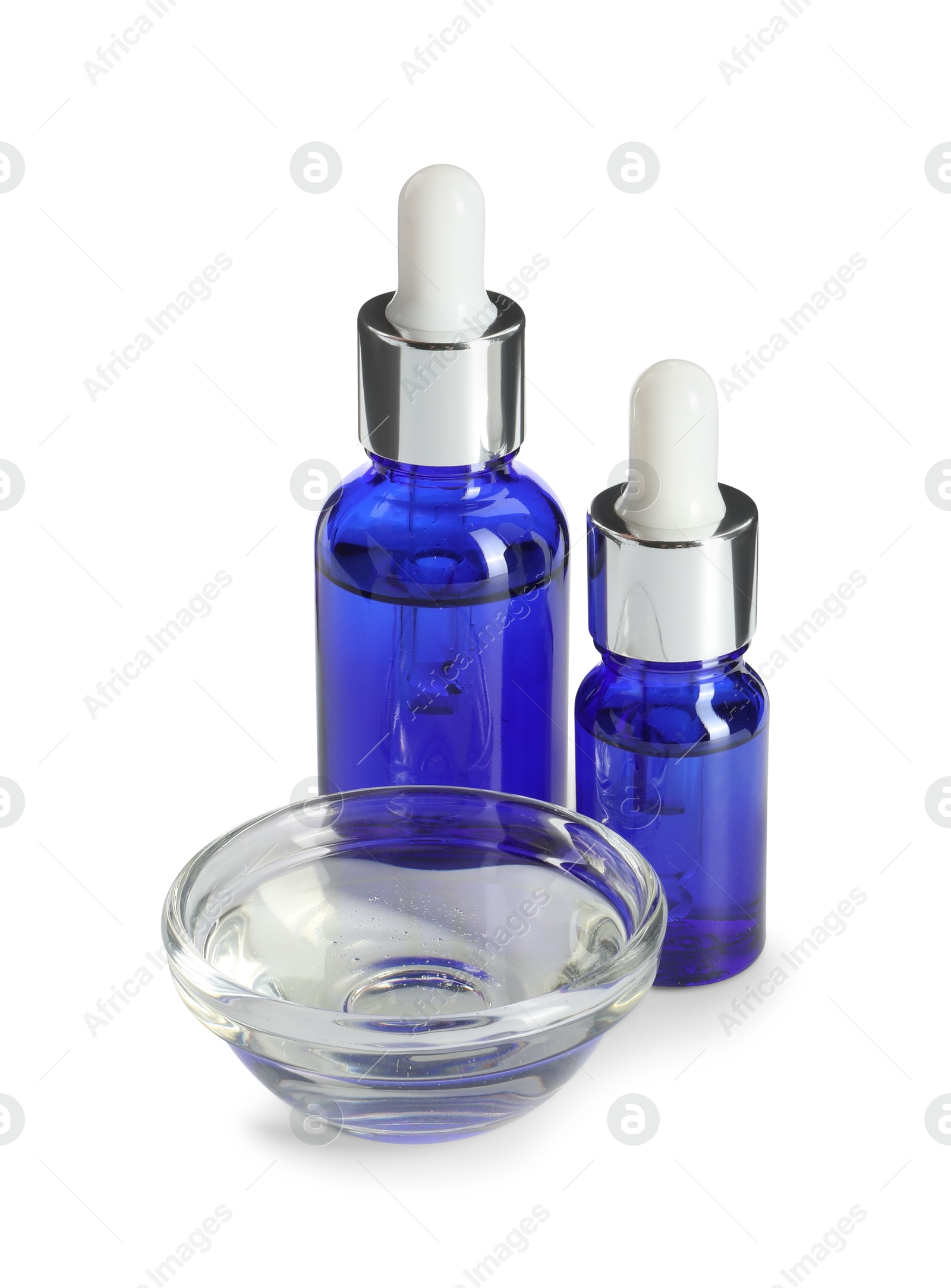 Photo of Bottles and bowl of chemical peel isolated on white. Peeling procedure