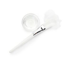 Bowl of chemical peel and brush isolated on white, top view. Peeling procedure