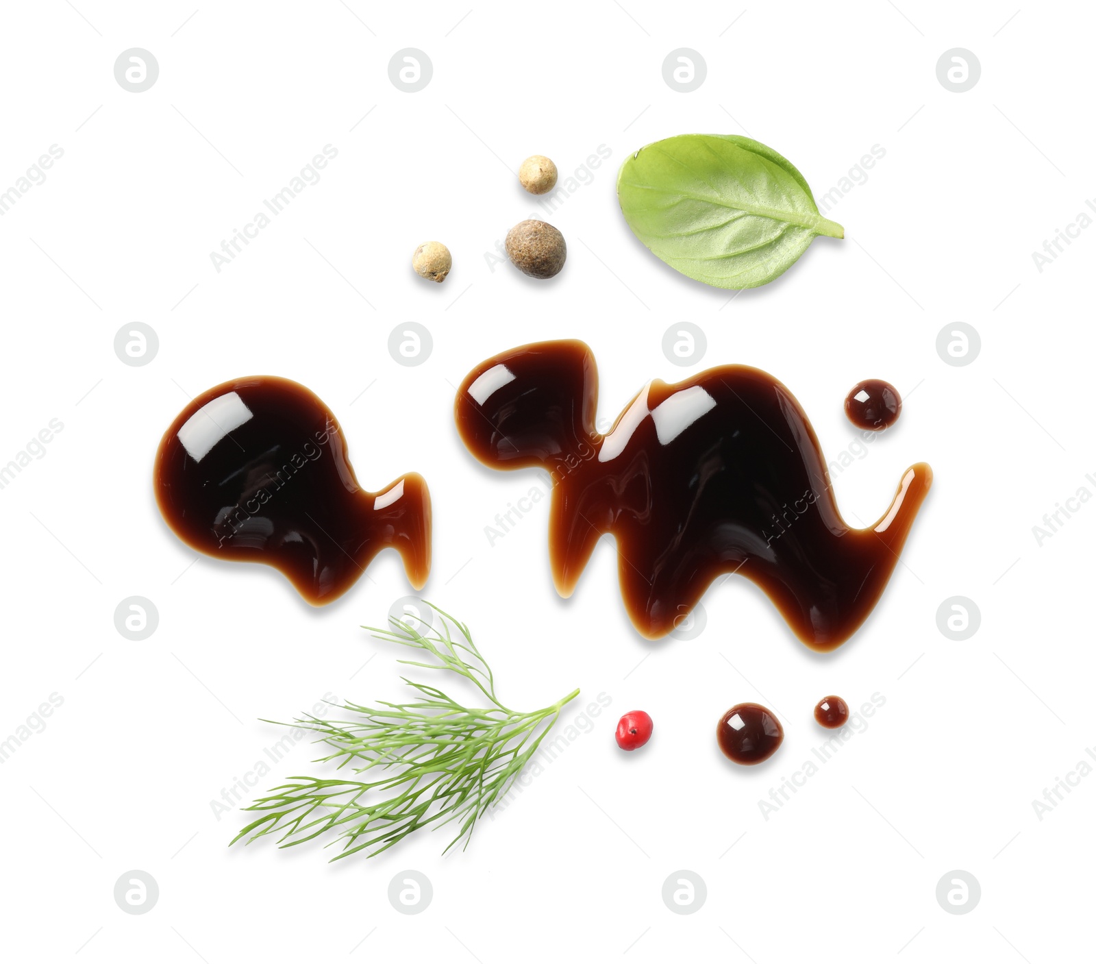 Photo of Delicious balsamic vinegar, basil, dill and peppercorns isolated on white, top view