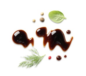 Delicious balsamic vinegar, basil, dill and peppercorns isolated on white, top view