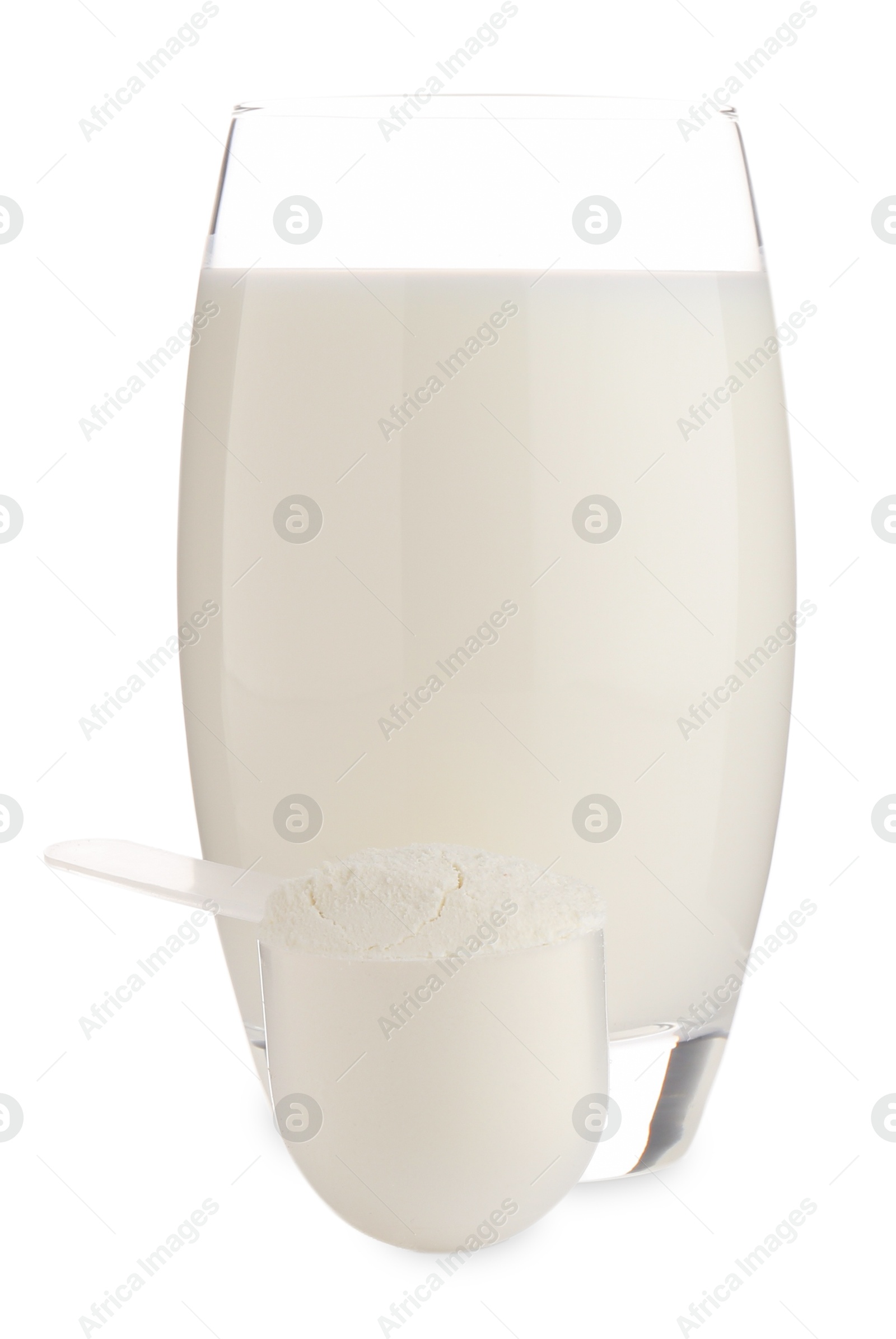 Photo of Delicious protein shake in glass isolated on white