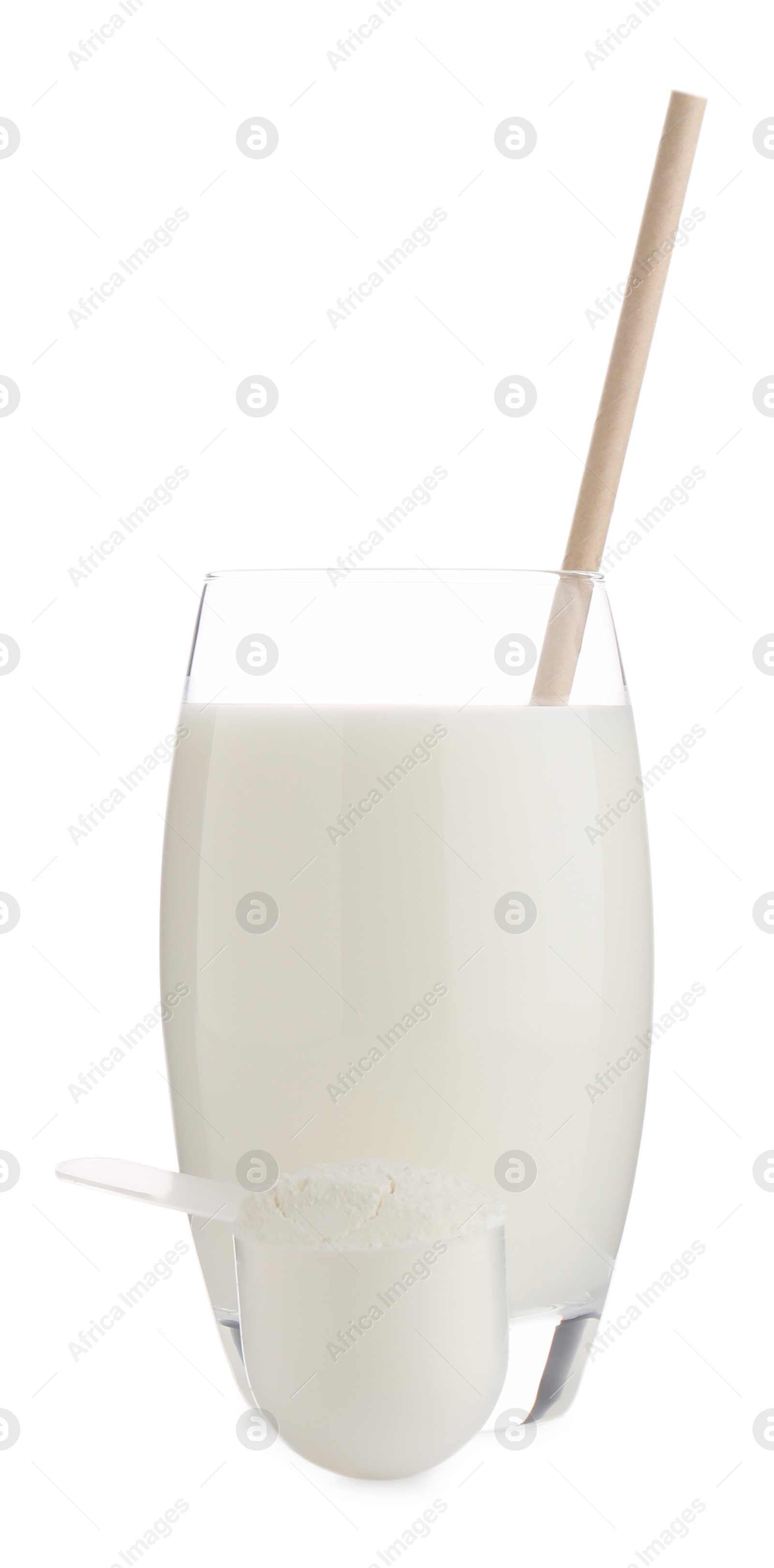 Photo of Delicious protein shake in glass isolated on white