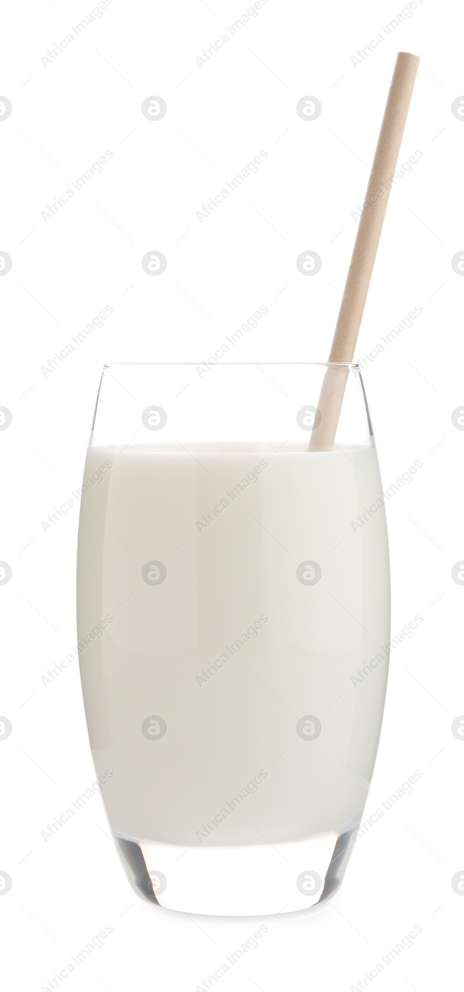 Photo of Delicious protein shake in glass isolated on white