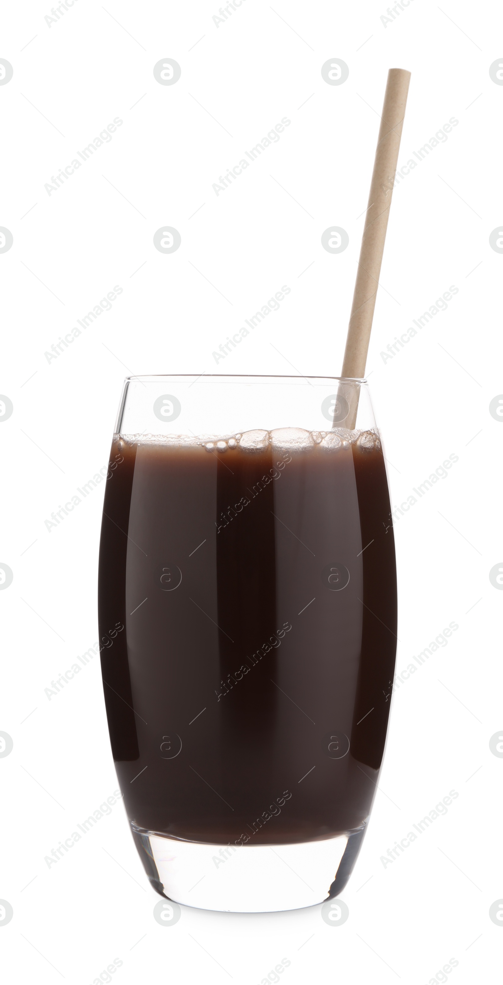 Photo of Delicious protein shake in glass isolated on white