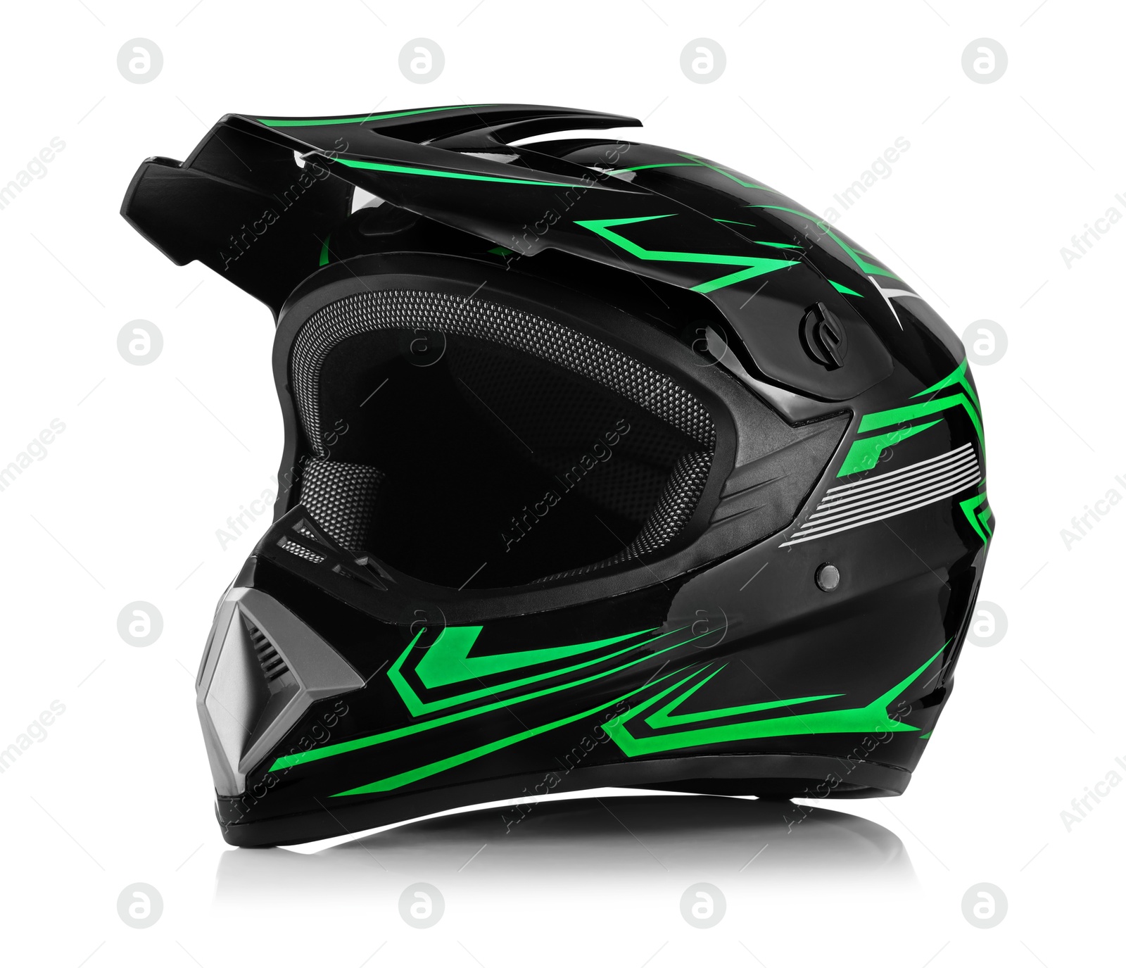 Photo of New stylish motorcycle helmet isolated on white