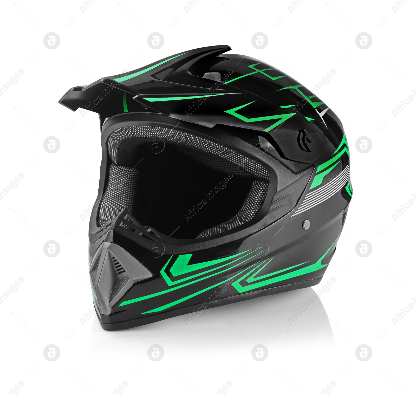 Photo of New stylish motorcycle helmet isolated on white