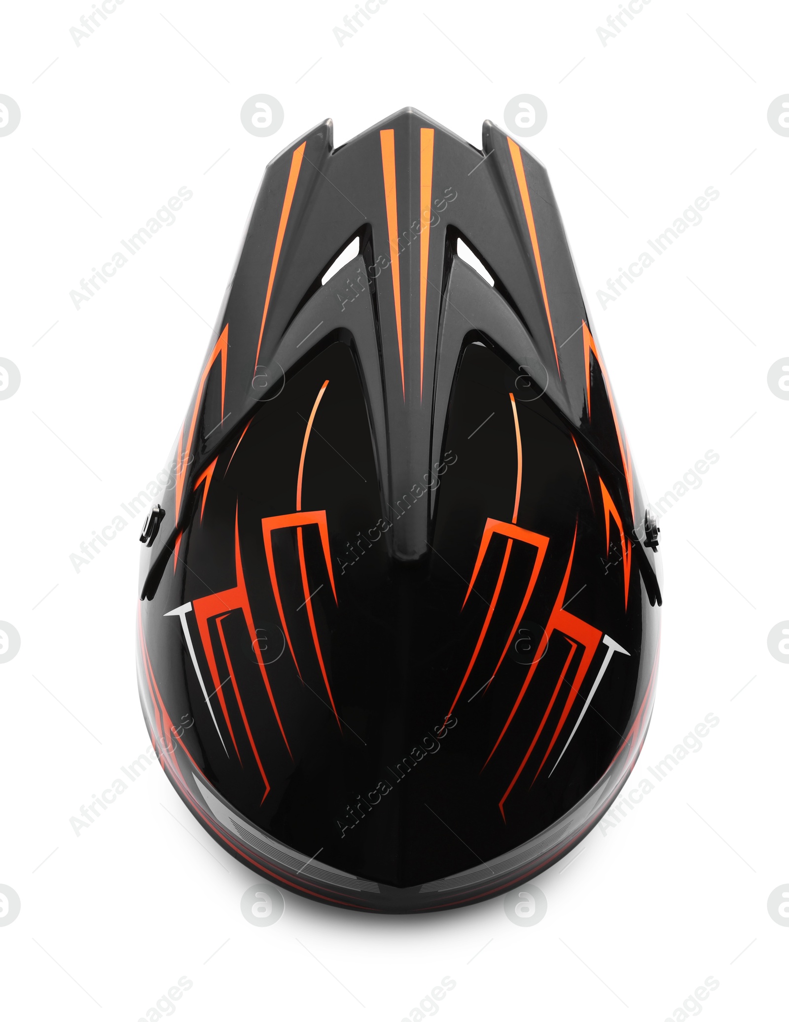 Photo of New stylish motorcycle helmet isolated on white, top view