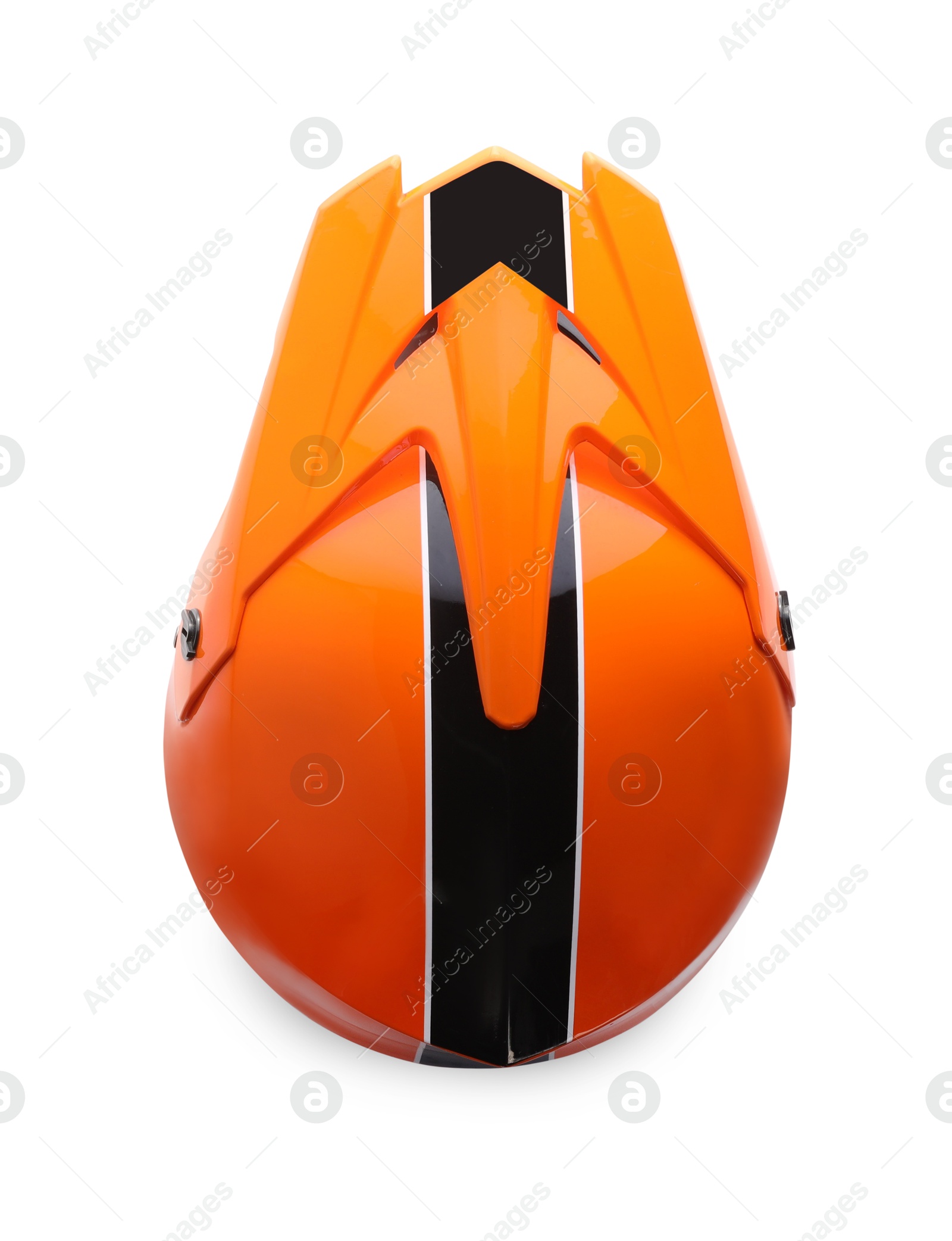 Photo of New stylish motorcycle helmet isolated on white, top view