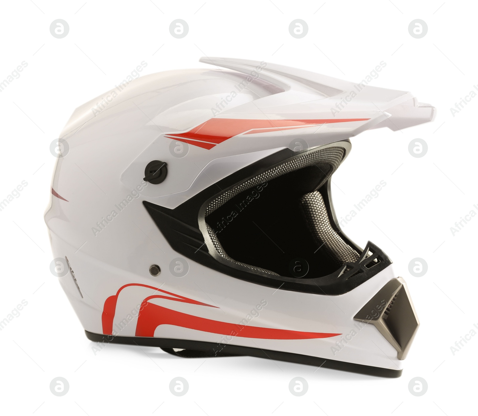 Photo of New stylish motorcycle helmet on white background