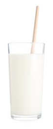 Photo of Delicious protein shake in glass and straw isolated on white