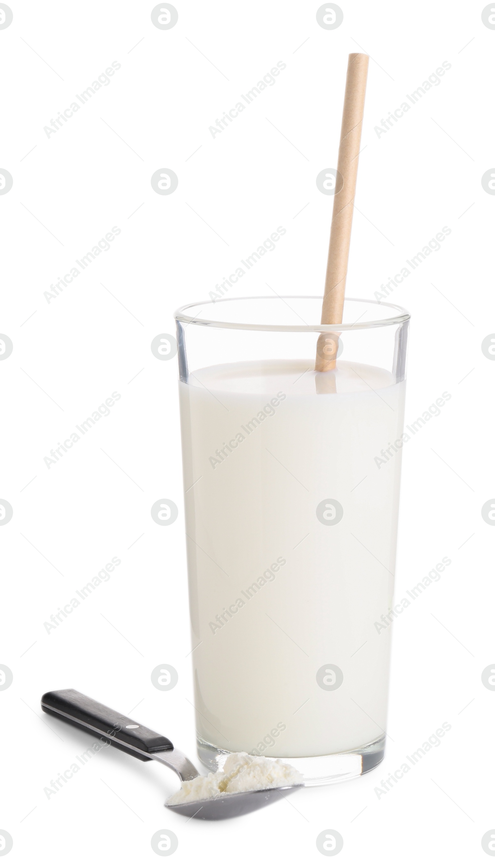 Photo of Delicious protein shake in glass and spoon with powder isolated on white