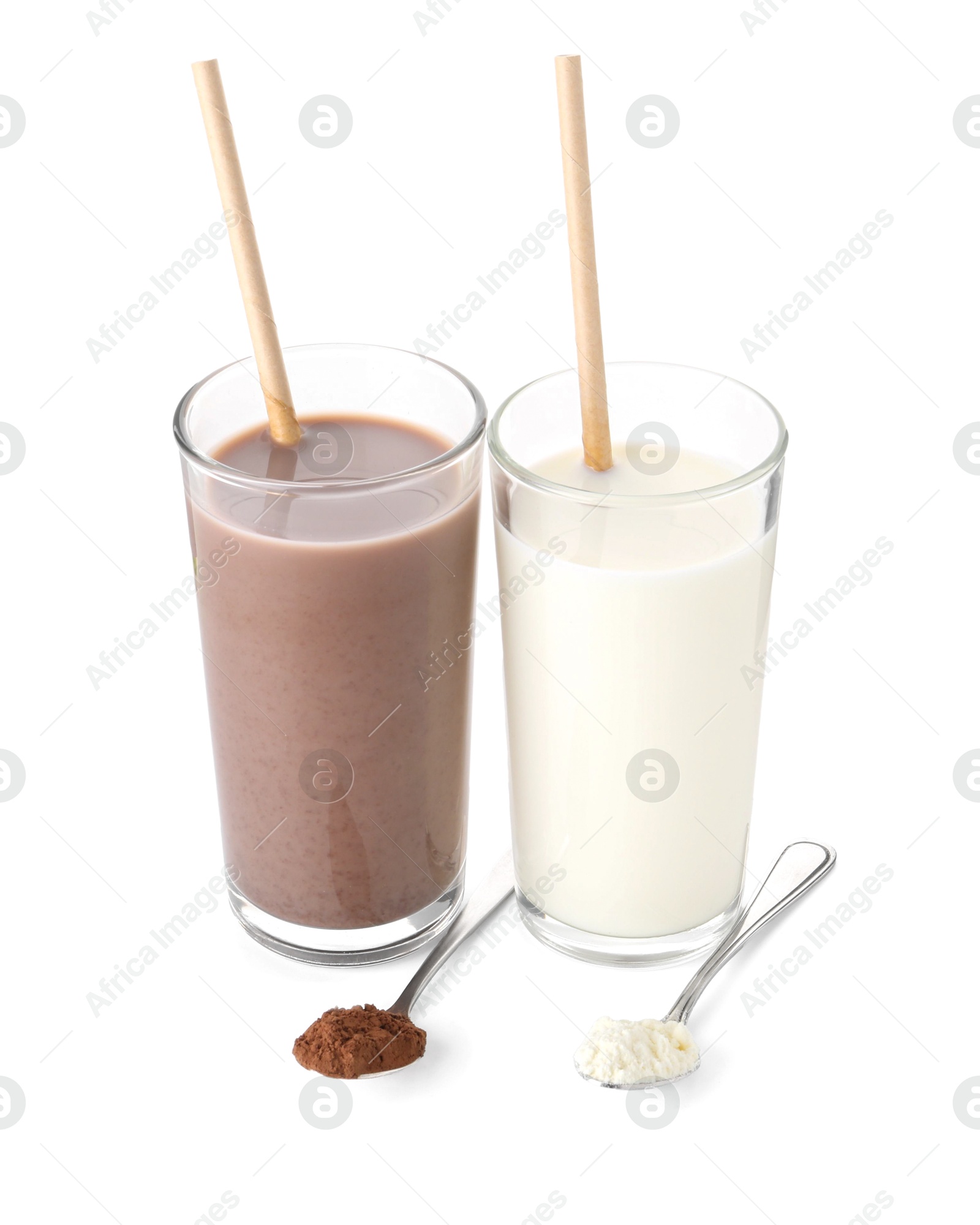 Photo of Delicious protein shakes in glasses and spoons with powder isolated on white