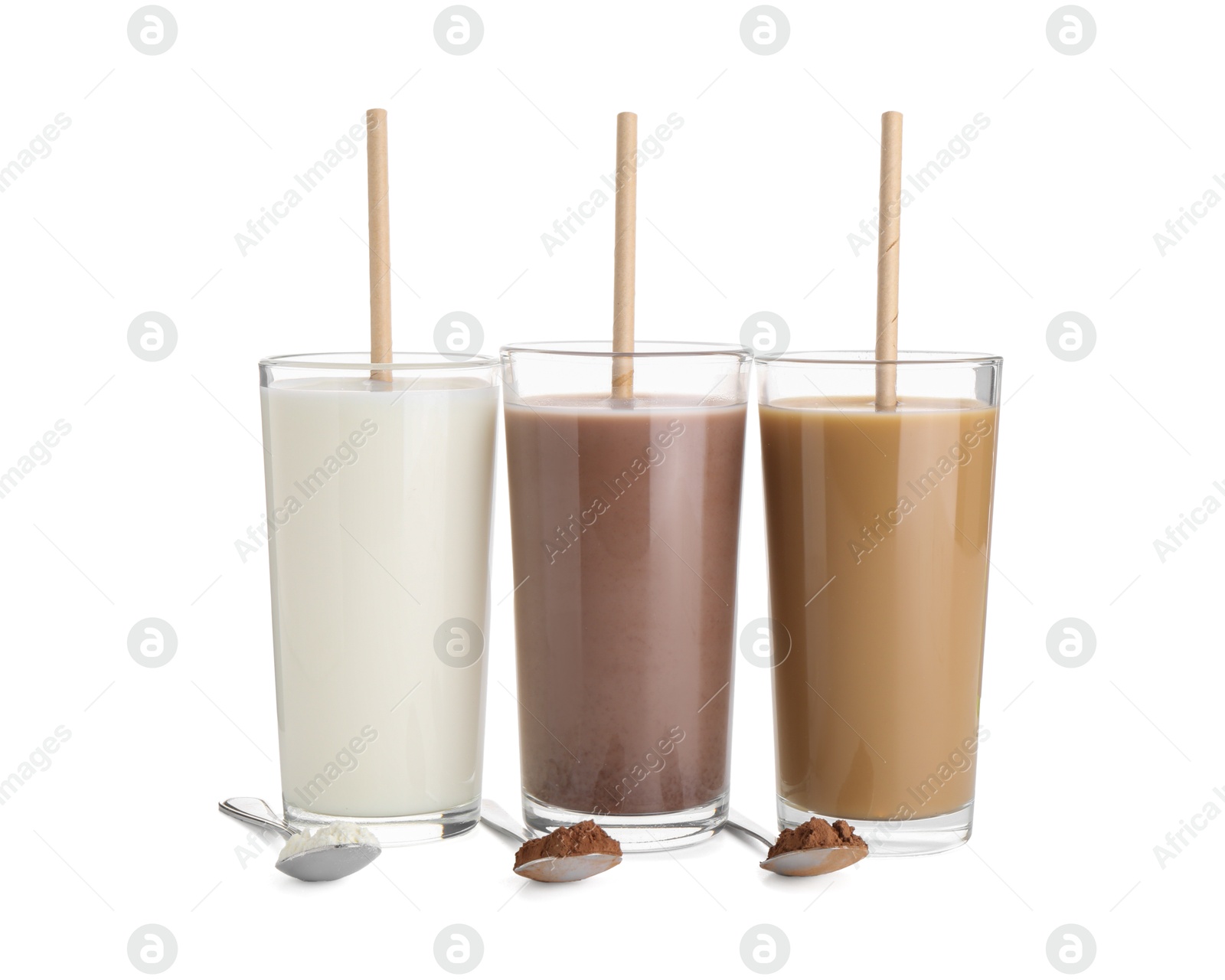 Photo of Delicious protein shakes in glasses and spoons with powder isolated on white