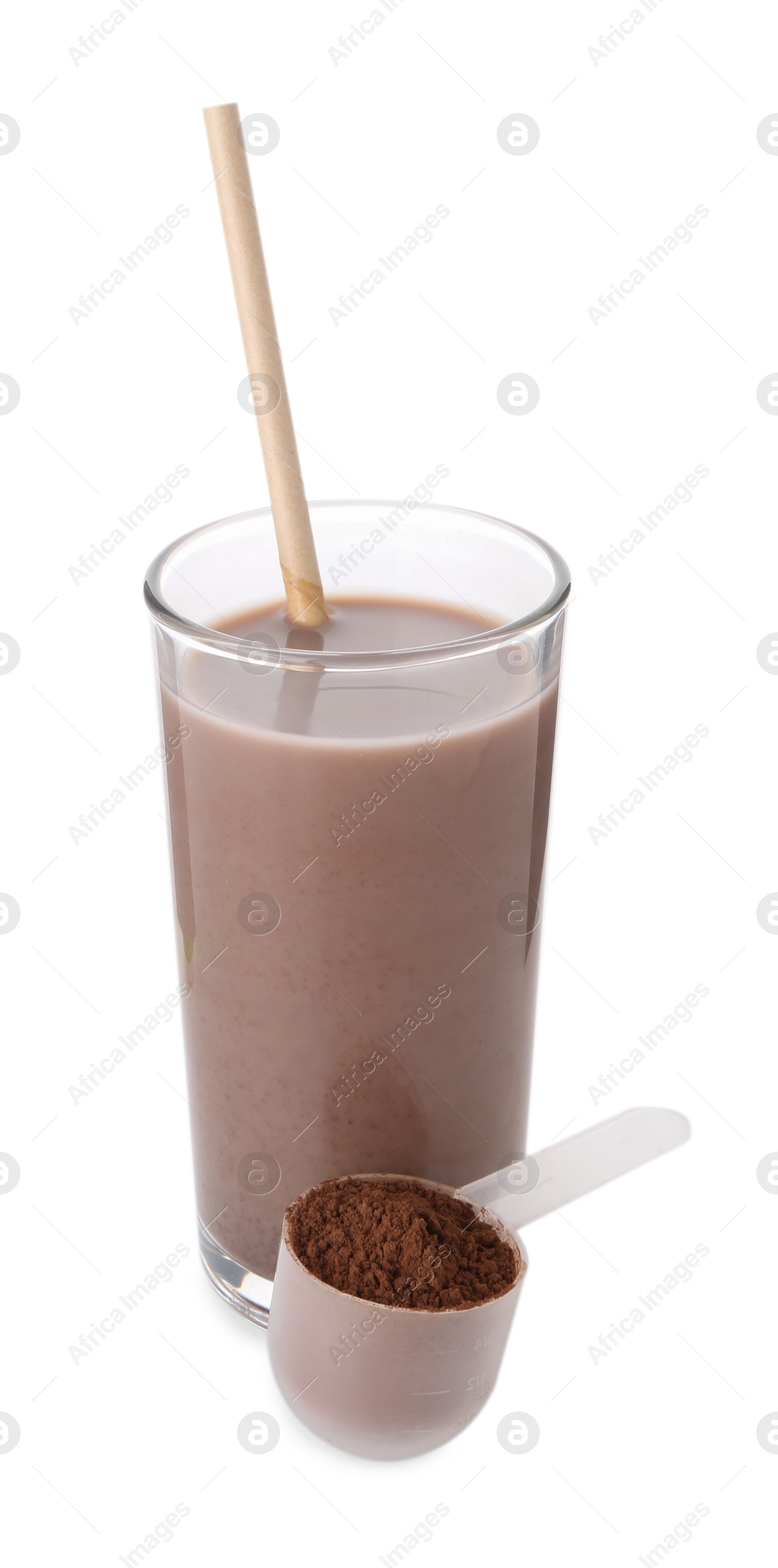 Photo of Delicious protein shake in glass and scoop with powder isolated on white